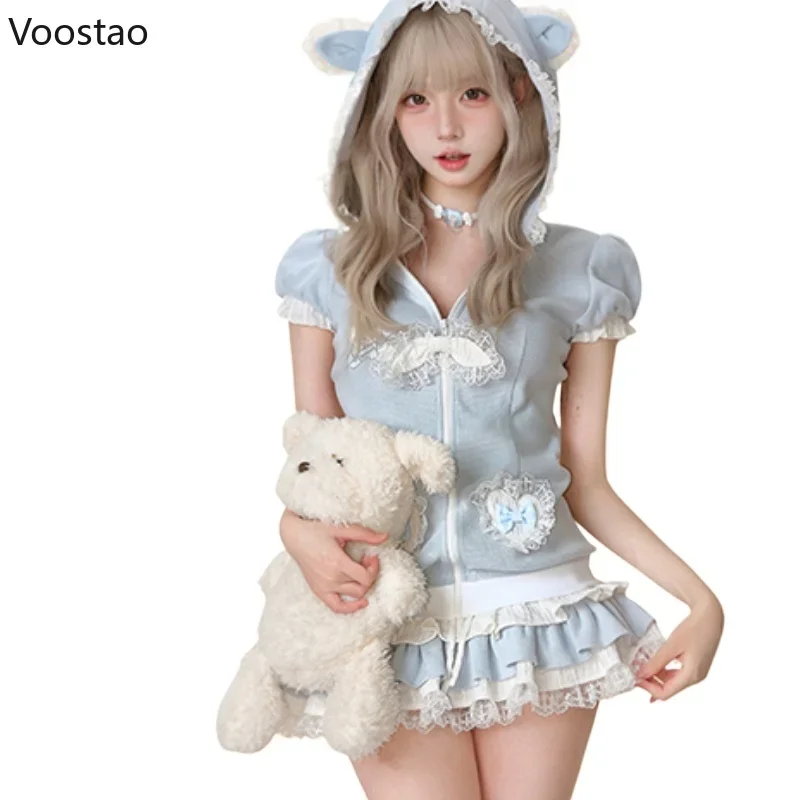 Japanese Sweet Lolita Style Skirt Set Women Kawaii Bear Ear Hooded Coat Top Cute Cake Skirt Suit Female Y2k Bowknot Lace Outfits