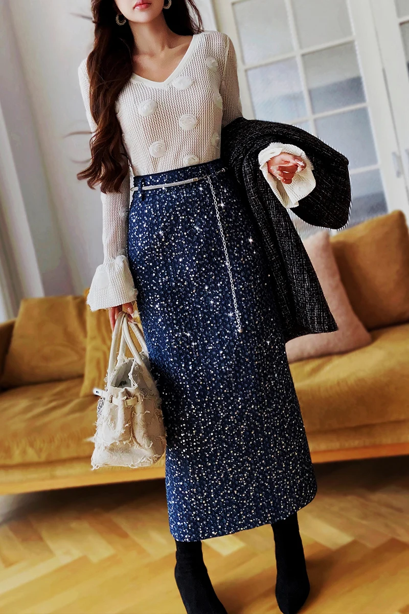 Dabuwawa Pencil Long Skirt Sequins Jean Empire Sheath Slit Vintage Women Bottom Y2k Clothes DA1CSK007