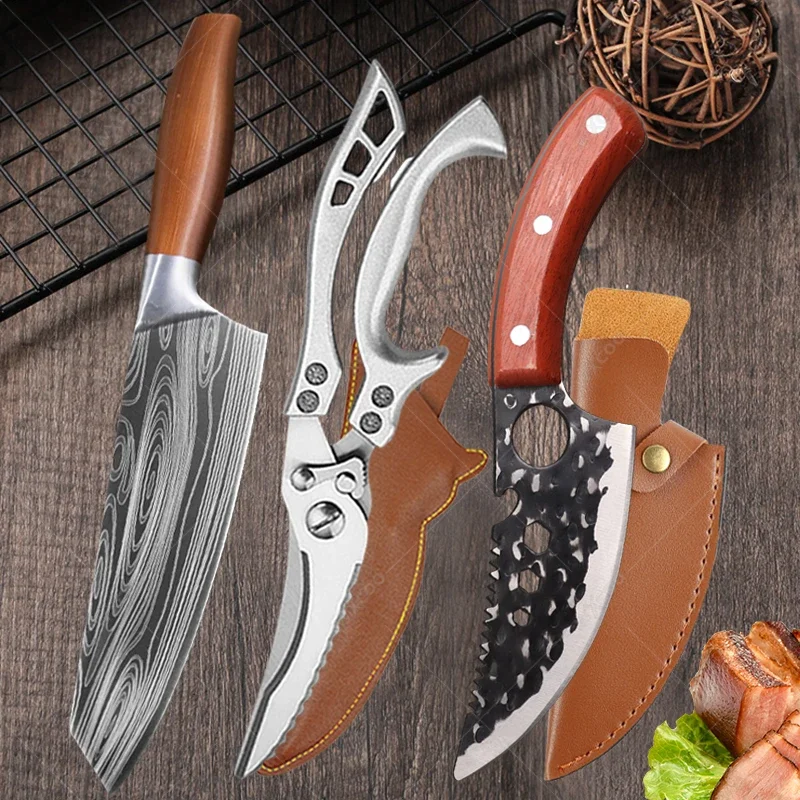 

Stainless Steel Vegetable Chicken Bone Scissors Household Butcher Boning Knife Wooden Handle Damascus Chef Knife Kitchen Tools