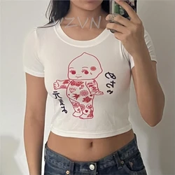 Y2k Japanese Style Graphic Crop Tops Girls Summer Vintage Harajuku T Shirts Short Sleeve Streetwear Sexy Slim 2000s Baby Tees