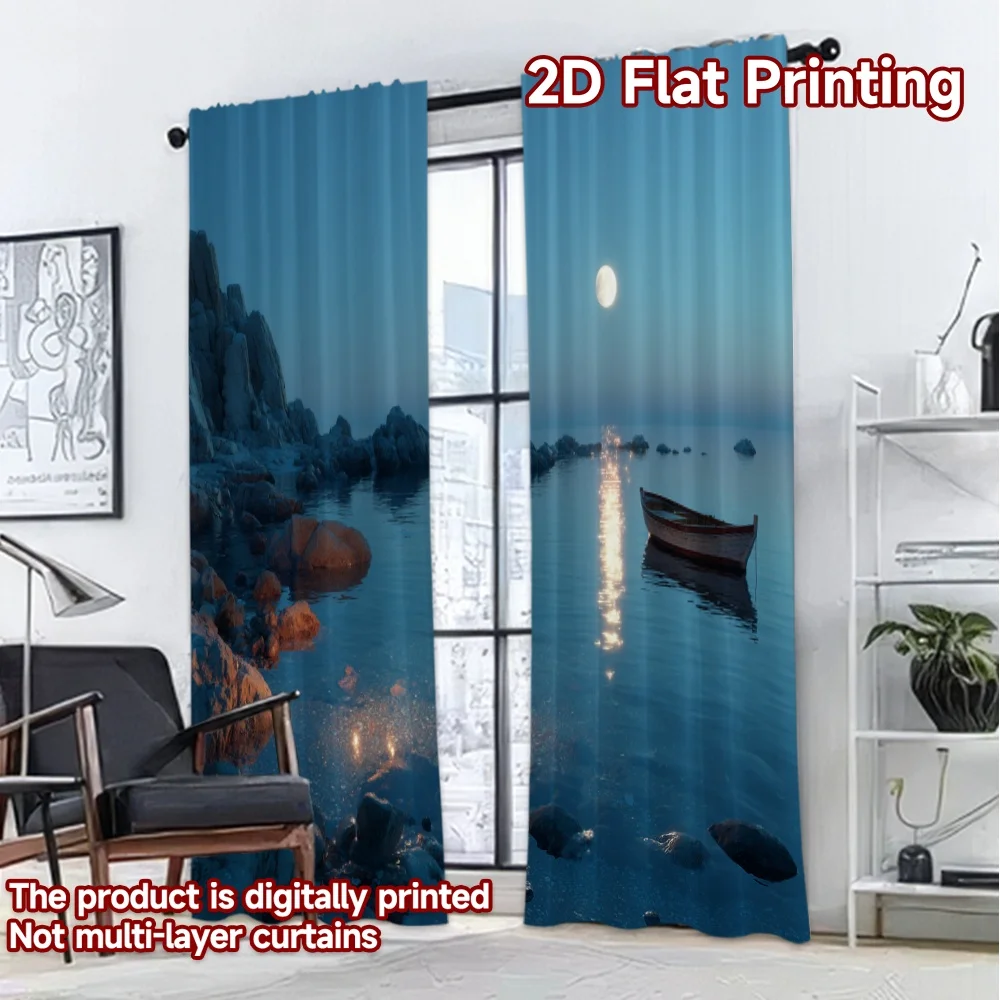 2D FLAT PRINTING 2pcs Curtains (Without Rod) Moonlit Ocean Scene Chic Curtains&Drapes Fabric Curtains Easter Egg Hunt Use for