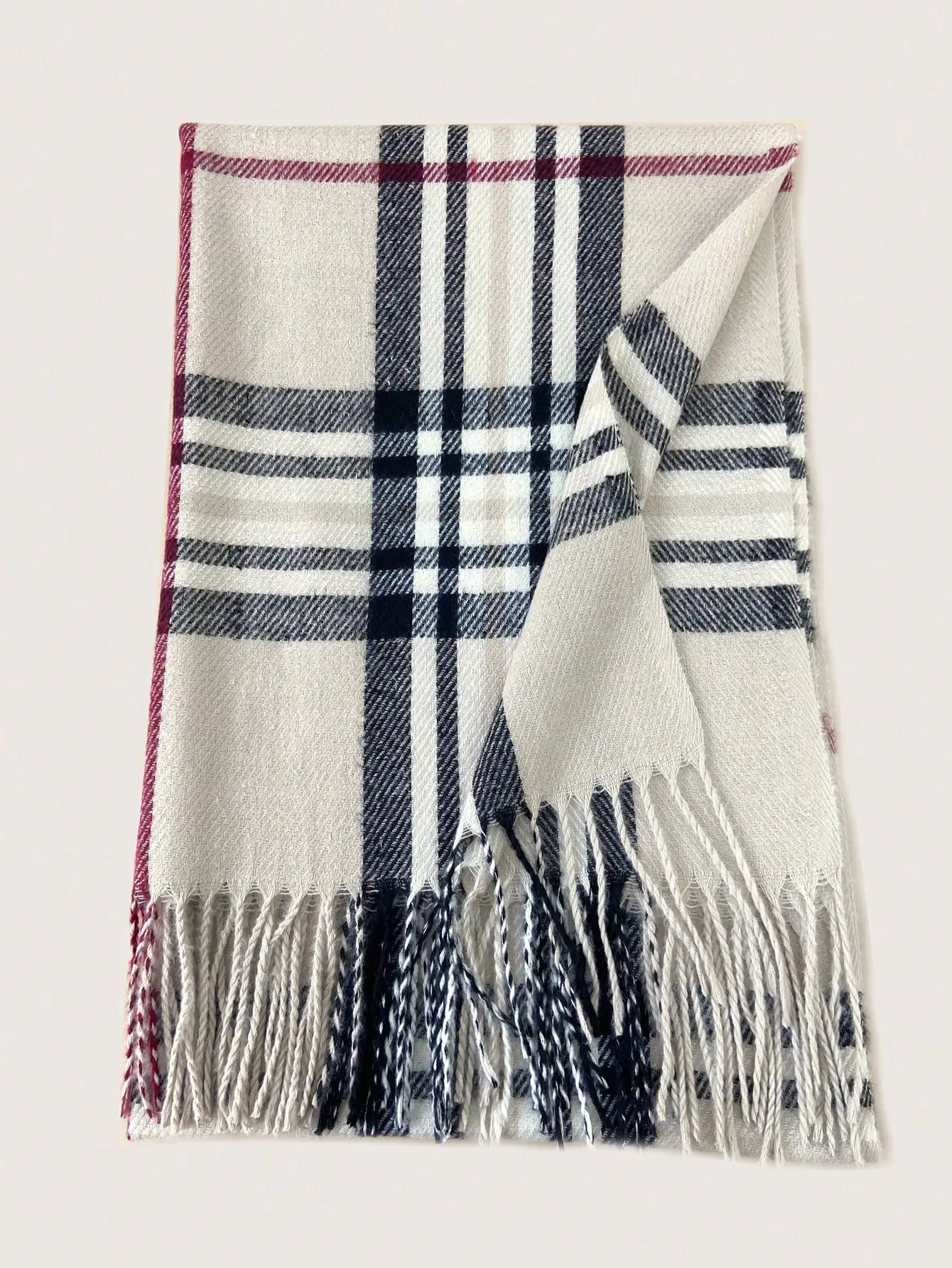 1pc feminino bege xadrez borla cachecol, moda elegante xale de caxemira falsa, à prova de vento e quente para ao ar livre, outono/inverno para vestido