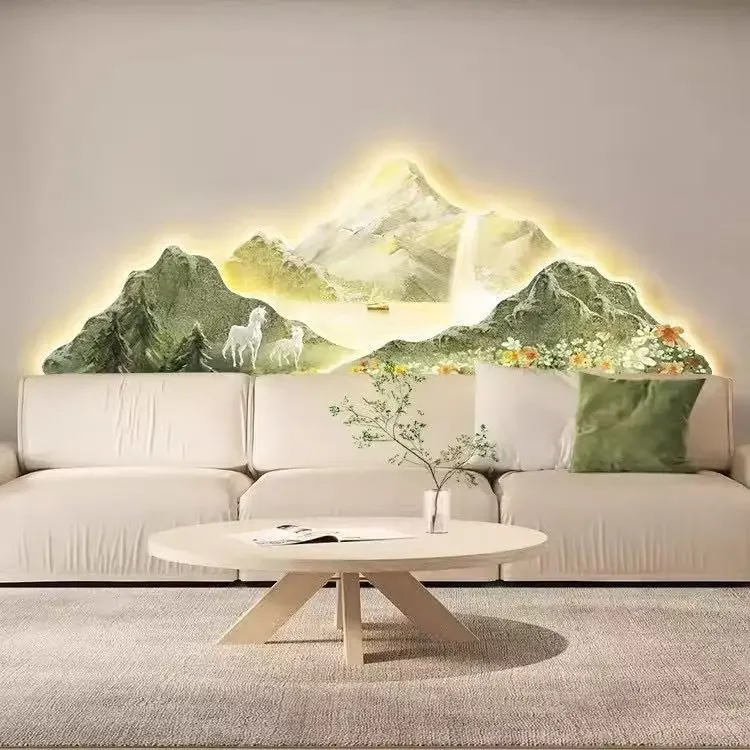 

Mountain Landscape Paintings with LED Lighting Living Room Bedroom Wall Mounted Art Painting Wall Art Lamps Decor set