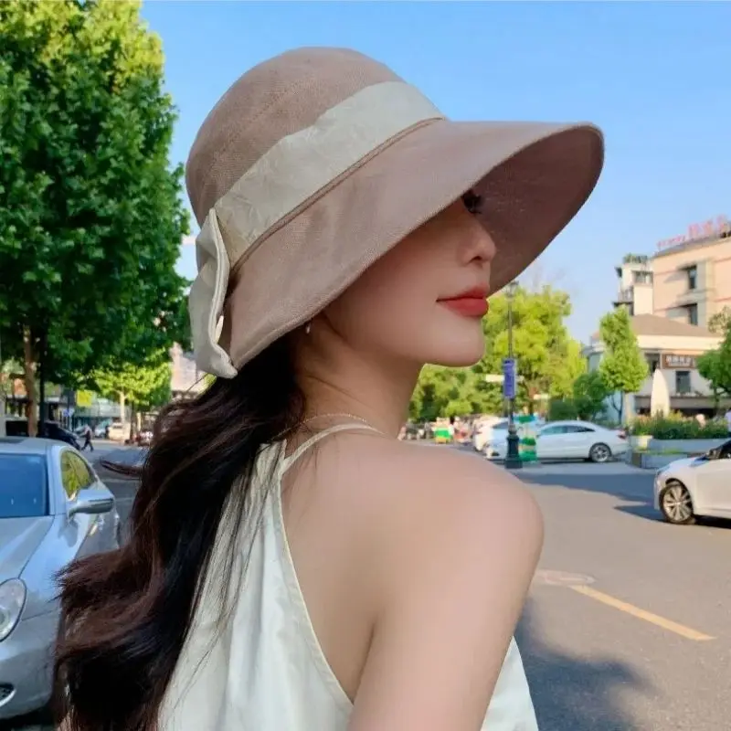 Linen Fisherman\'s Hat Women\'s Light Luxury Elegant Bow Sunscreen Hat Korean Summer Sun Hat