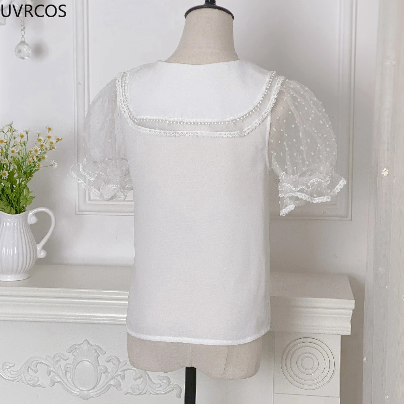 White Summer Sweet Lolita Blouse Women Kawaii Lace Peter Pan Collar Mesh Puff Short Sleeve Shirts Fashion Cute Daily Student Top