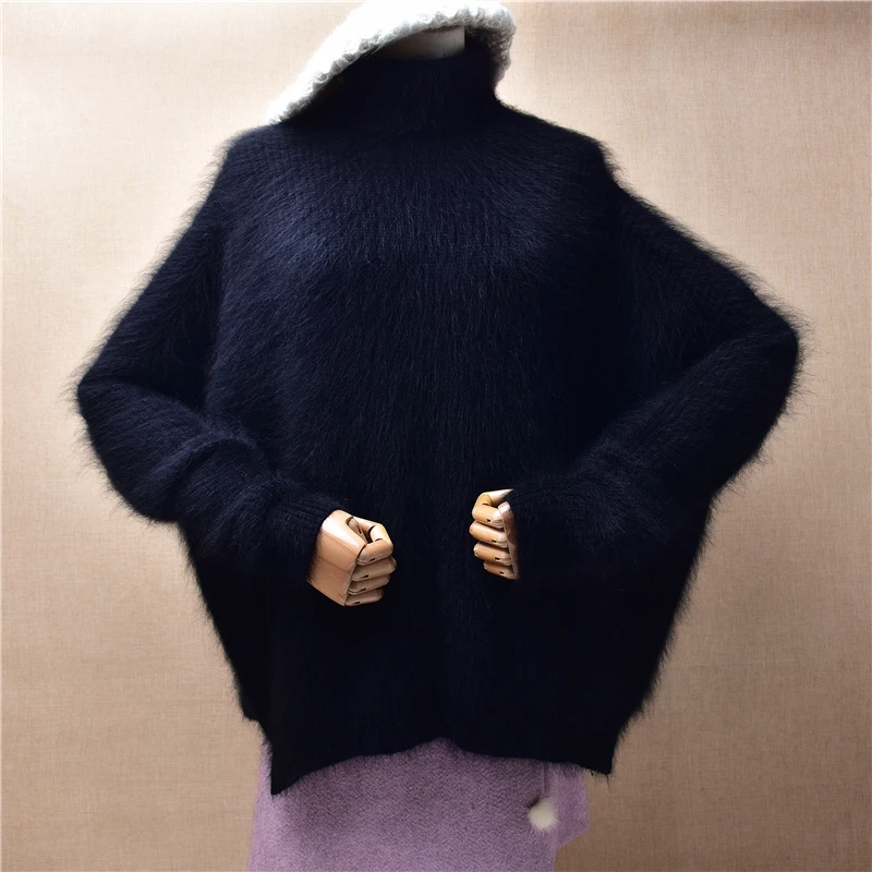 

Female Women Fall Winter Black Hairy Mink Cashmere Knitted Turtleneck Long Sleeves Loose Pullover Angora Fur Sweater Jumper Pull