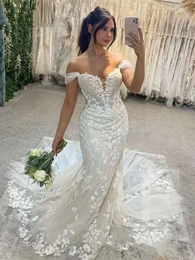 

Elegant Lace Mermaid Wedding Dress Off Shoulder Formal Sleeveless Applique Party Gown Bridal Gown vestidos de novia Customized