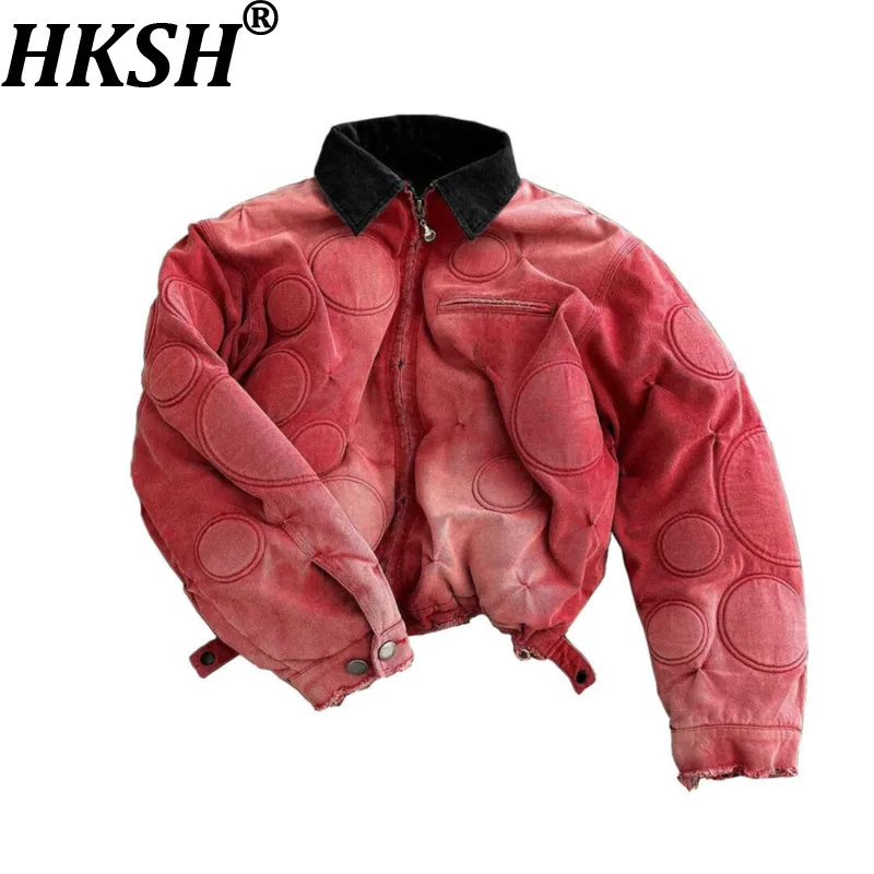 

HKSH весенне-осенняя новая мужская куртка в американском стиле из стираного холста, свободная куртка с вышивкой, кожаный воротник, лоскутное шикарное Ins HK11200
