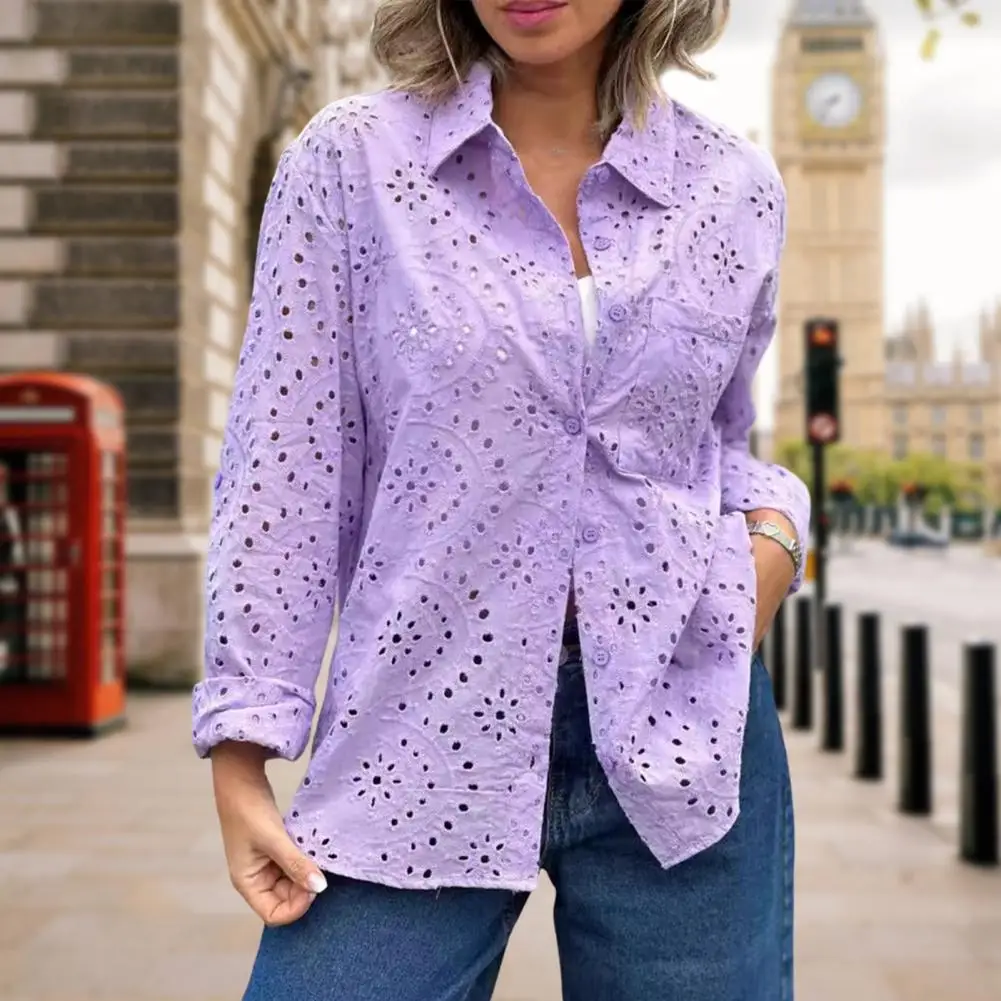 Solid Color Blouse Elegant Hollow Embroidery Flower Shirt Tops for Women Lapel Long Sleeve Streetwear Single Breasted Solid