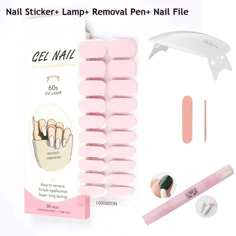 4Pcs/Set Semi Cured Gel Nail Strips with Nail Dryer Nail File Wooden Stick Removal Pen Nails Sticker Set Press On DIY Manicure