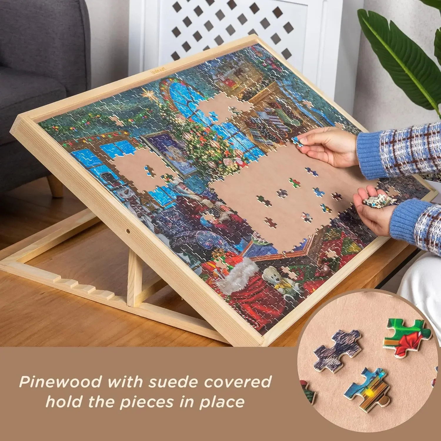 1000/1500 Piece Tilting Adjustable Jigsaw Puzzle Board with Wooden Cover with Built-in Easel/Stand, Non-Slip Flannel Tabletop