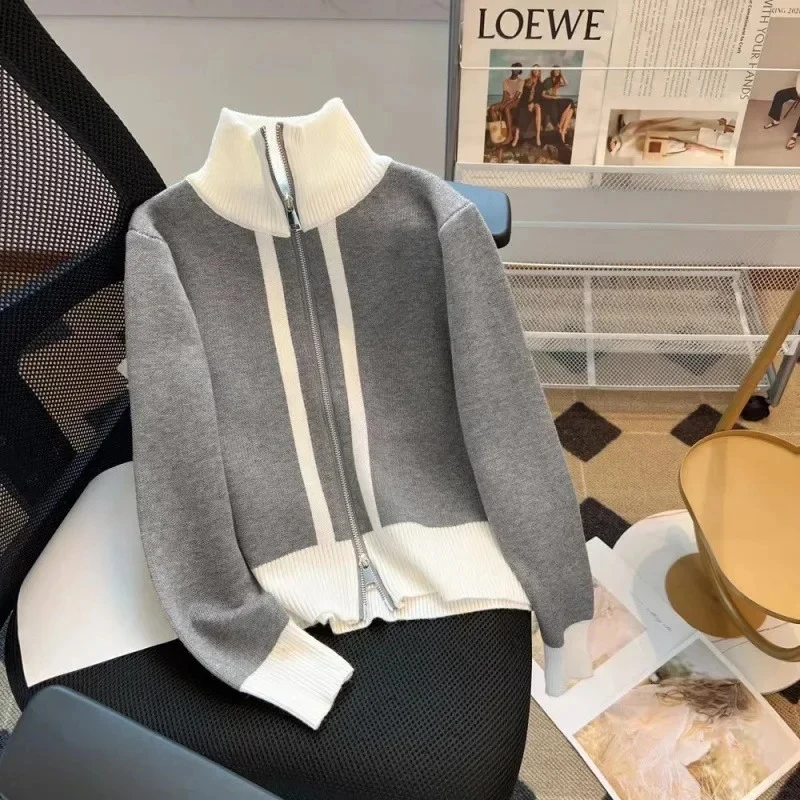 

Women's Autumn Collection Stylish Outerwear Sensibility Color Blocking Polo/Turtle Neck Double-Headed Zipper Knitted Cardigan