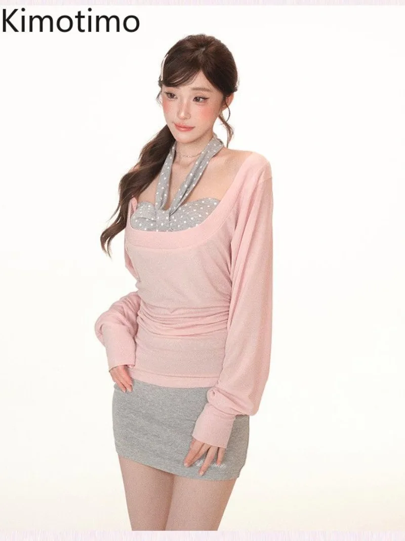 Kimotimo 2 Piece Sets Women Sweet Spicy Girl Polka Dot Bow Strapless Vest Sexy Long Sleeve T-shirts Korean Y2k Aesthetic Suits