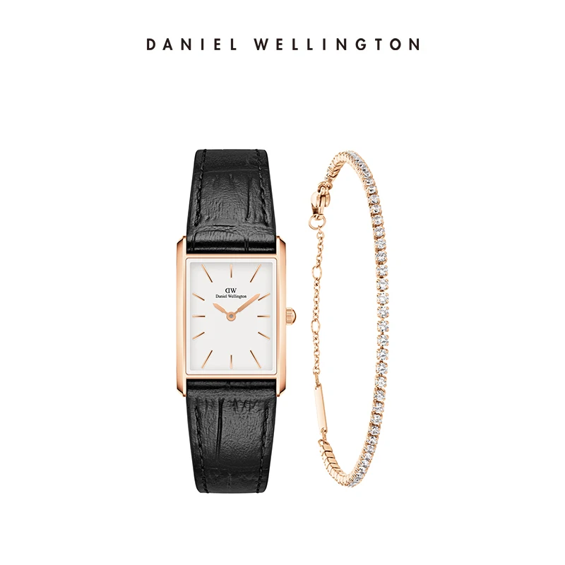 Daniel Wellington Bound Watch Black Croc Leather & Classic Tennis Bracelet Rose Gold Set 2Pcs Gift DW00100693 DW00400387