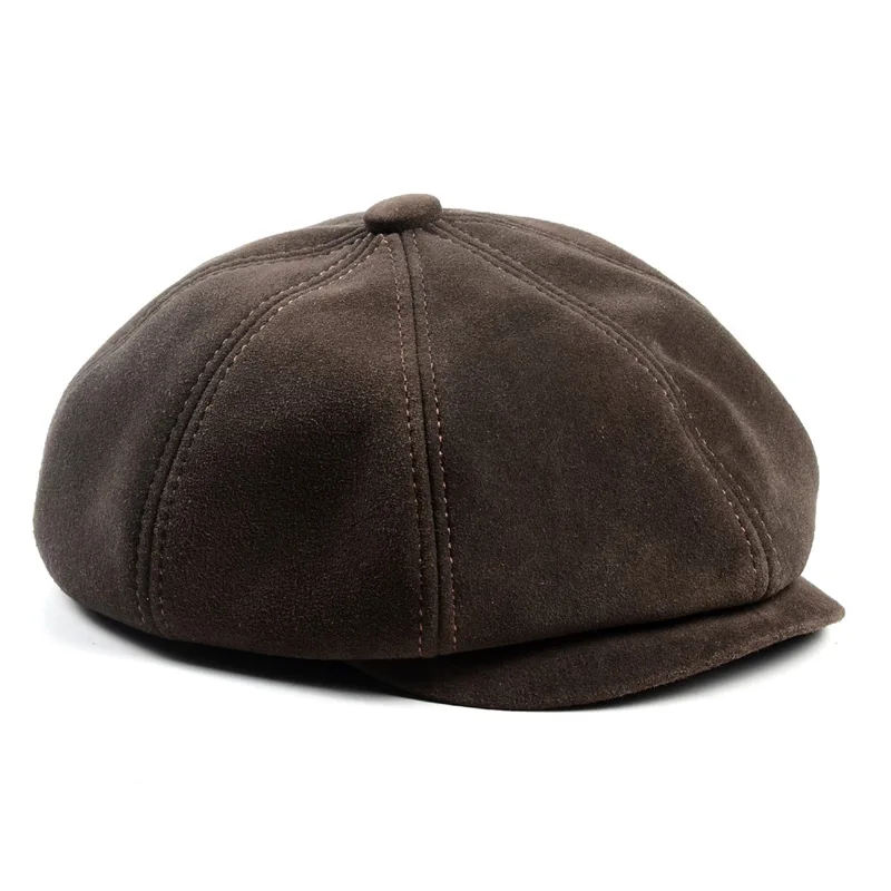 Suede Octagonal Beret Cap Men Women Winter Fashion Casual Newsboy Hat Genuine Leather Warm Coffee Boina Hombre