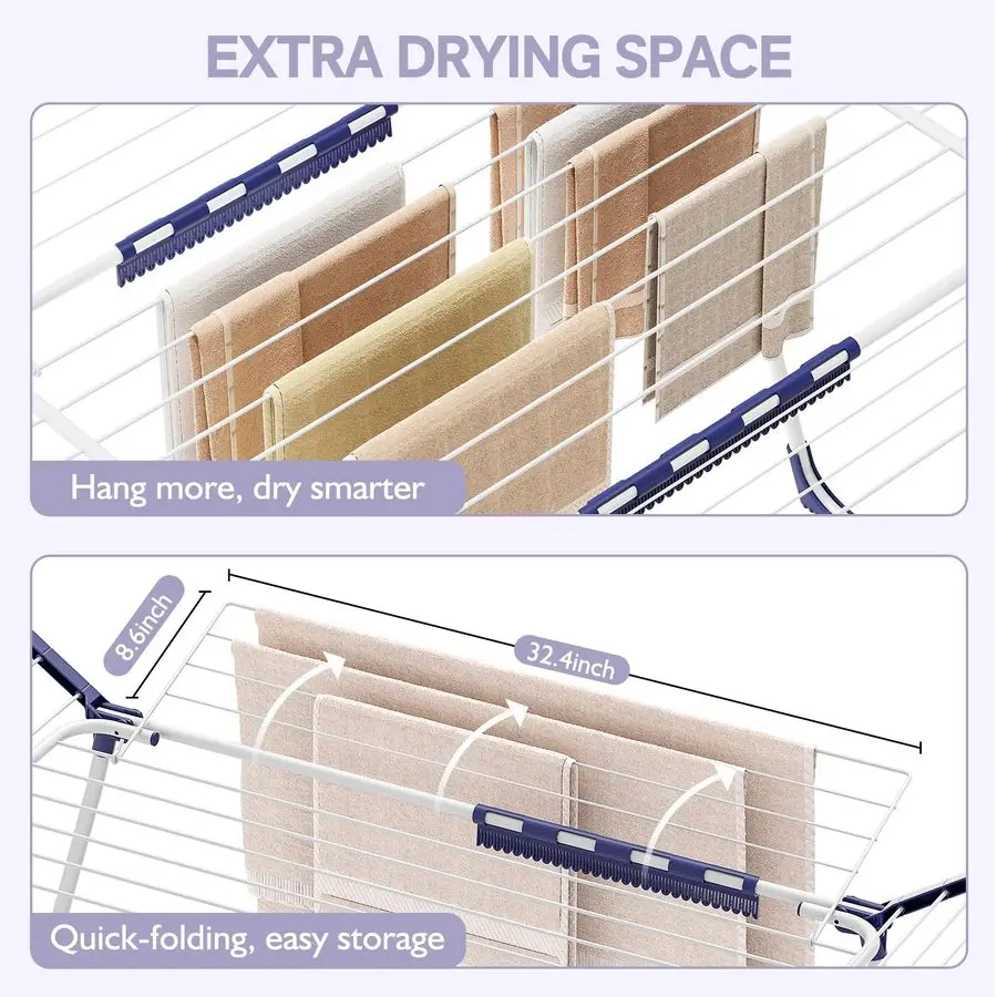 رف تجفيف الملابس، رف تجفيف قابل للطي، مساحة كبيرة، رف غسيل مجنح مع مشابك جورب لتعليق المناشف، الملابس دكتور