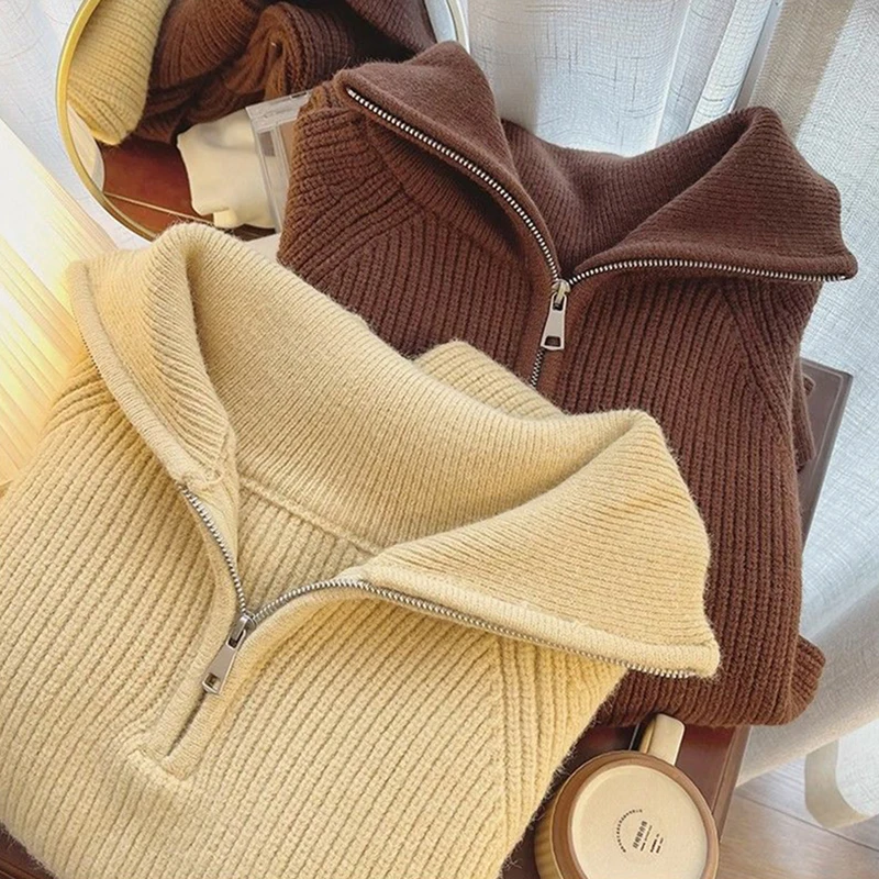 Cropped Sweater Women Fashion Half Zipper Red Knitted Pullovers Korean Black Long Sleeve Knitwear Winter Casual Chic Jumpers New