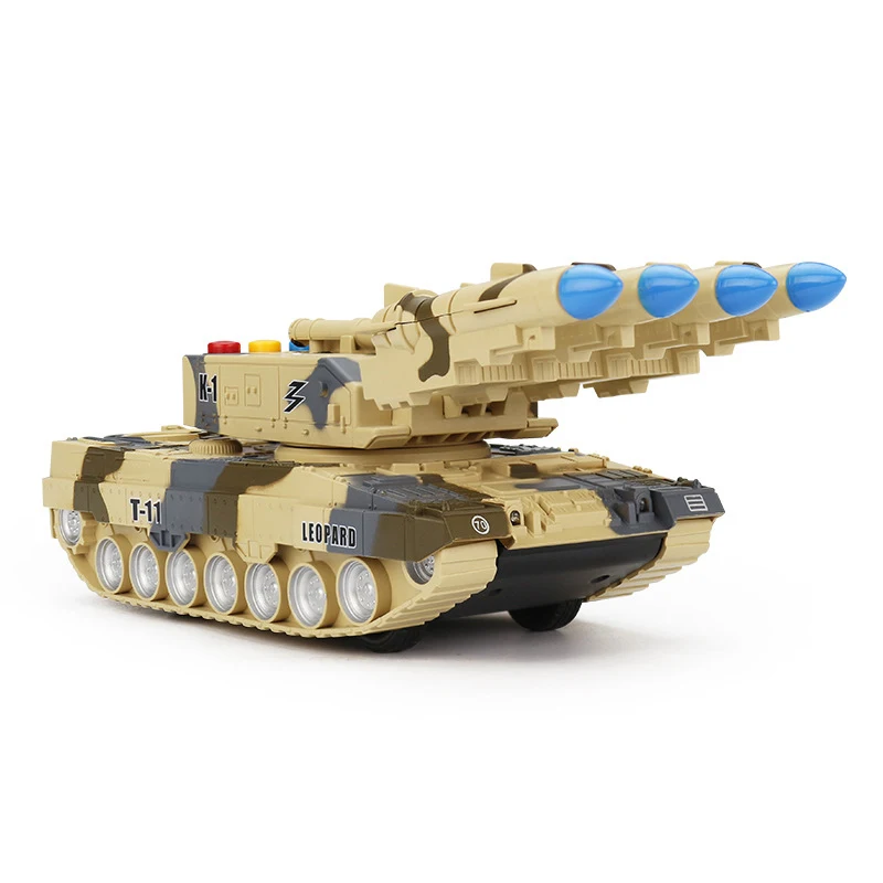 Children's Toy 360° Rotating Inertia Tank Simulation Model Tiger Military Armored Missile Tank Car Model Glowing Toy Boy Gifts