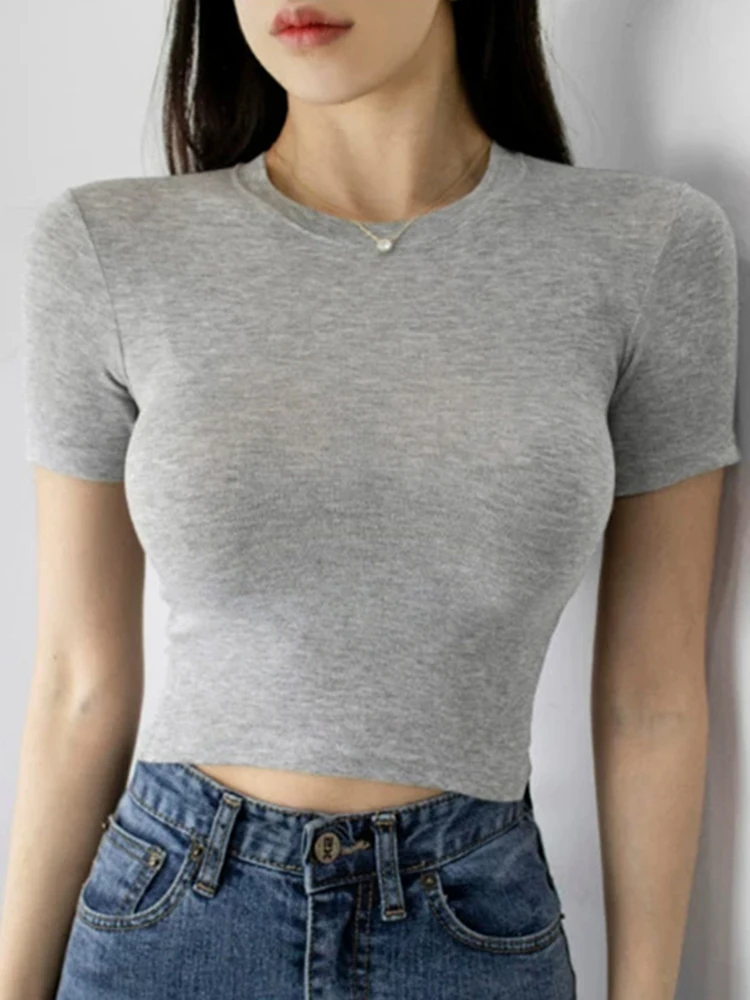 Slim High Quality Plain T Shirt Women Cotton Elastic Basic T-shirts Female Casual Tops Sexy Crop Top Thin T-shirt see through