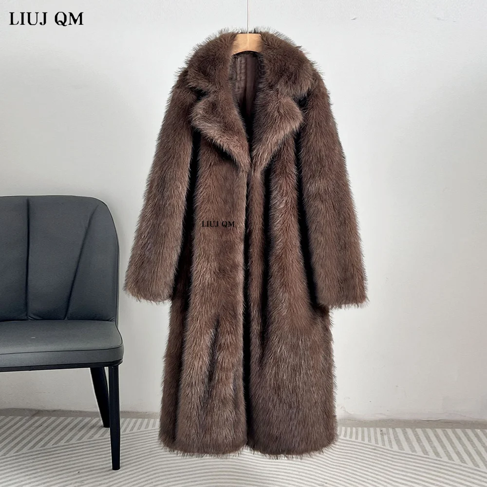 Lungo Cappotto di Pelliccia di Volpe Sintetica Delle Donne di Inverno 2024 Nuovo Risvolto Giacca di Pelliccia Parka Peluche Soprabito Addensare Caldo Soffice Peloso Tuta Sportiva Femminile