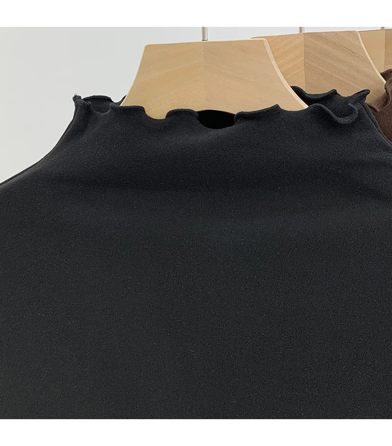 تي شيرت نسائي مزدوج الجوانب من الف fce السميك، تصميم نحيف، ياقة نصف عالية، قميص داخلي، حواف بتصميم خشبي، ألوان نقية، موضة ...