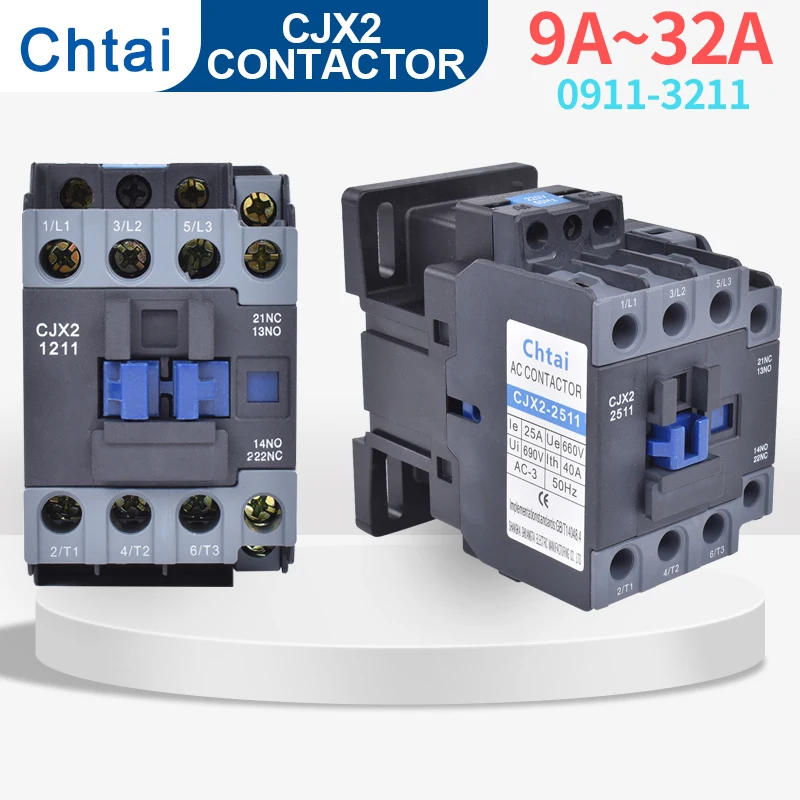 AC Contactor CJX2-0911 1211 1811 2511 3211Normally Open Normally Closed 220v Three-Phase 380V Coil 9~32A 1NO+1NC 3 pole 50/60Hz