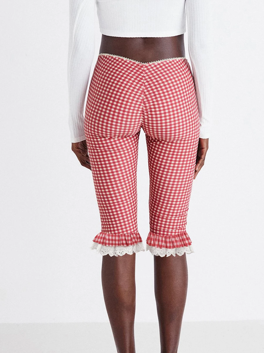 Женские капри, клетчатые кружевные брюки с оборками по подолу, летние повседневные укороченные брюки, эластичные укороченные леггинсы