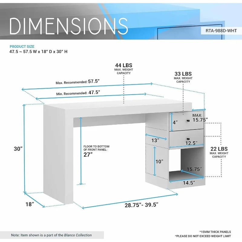 Bureau extensible avec étagère ouverte, bureau d'ordinateur blanc avec imprimante, proximité de stockage, wers, extensible de 47 pouces à 57 pouces