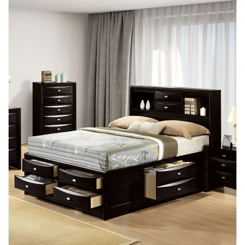 

Modern Black Bed with Footboard, Drawers, and Headboard Bookcase – Full Size Bedroom Furniture