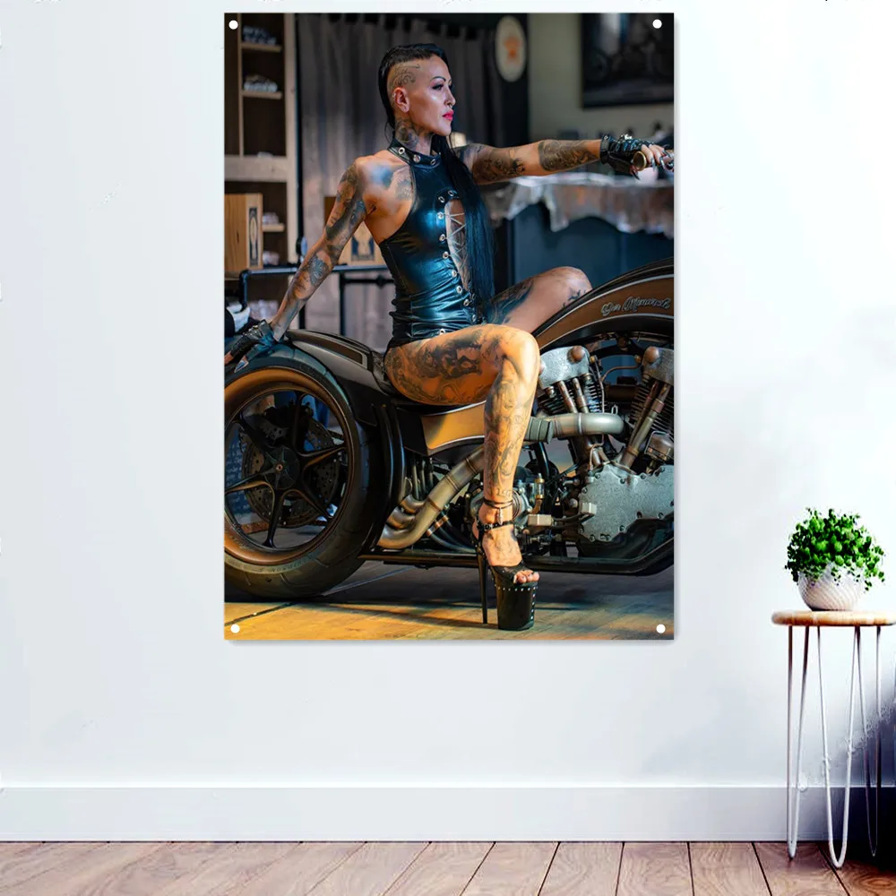 

Sexy Tattoo Girl Sitting on Motorcycle Banner Wall Hanging Flag Moto Posters Prints Tapestry Wall Decor Painting Gifts for Men