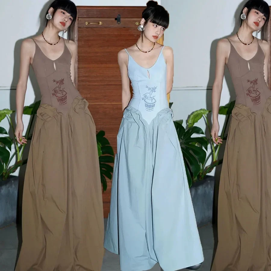 

Embroidery Maxi Pleated Dress Long Spaghetti Strap Dresses Summer Elegant Curve Korean Cloth Plus Size Women Vintage Y2k vestido