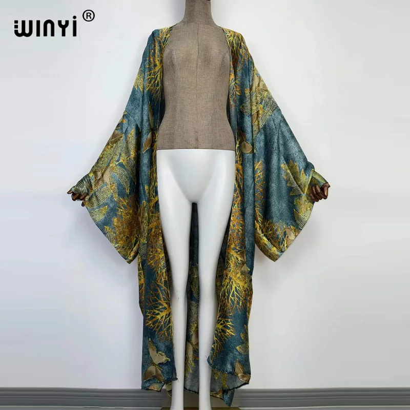 2022 Winyi Europa Kimono Vrouwen Vest Steek Kaftan Cocktail Sexcy Boho Strand Cover Up Kaftan Afrikaanse Vakantie Lange Mouw Gewaad