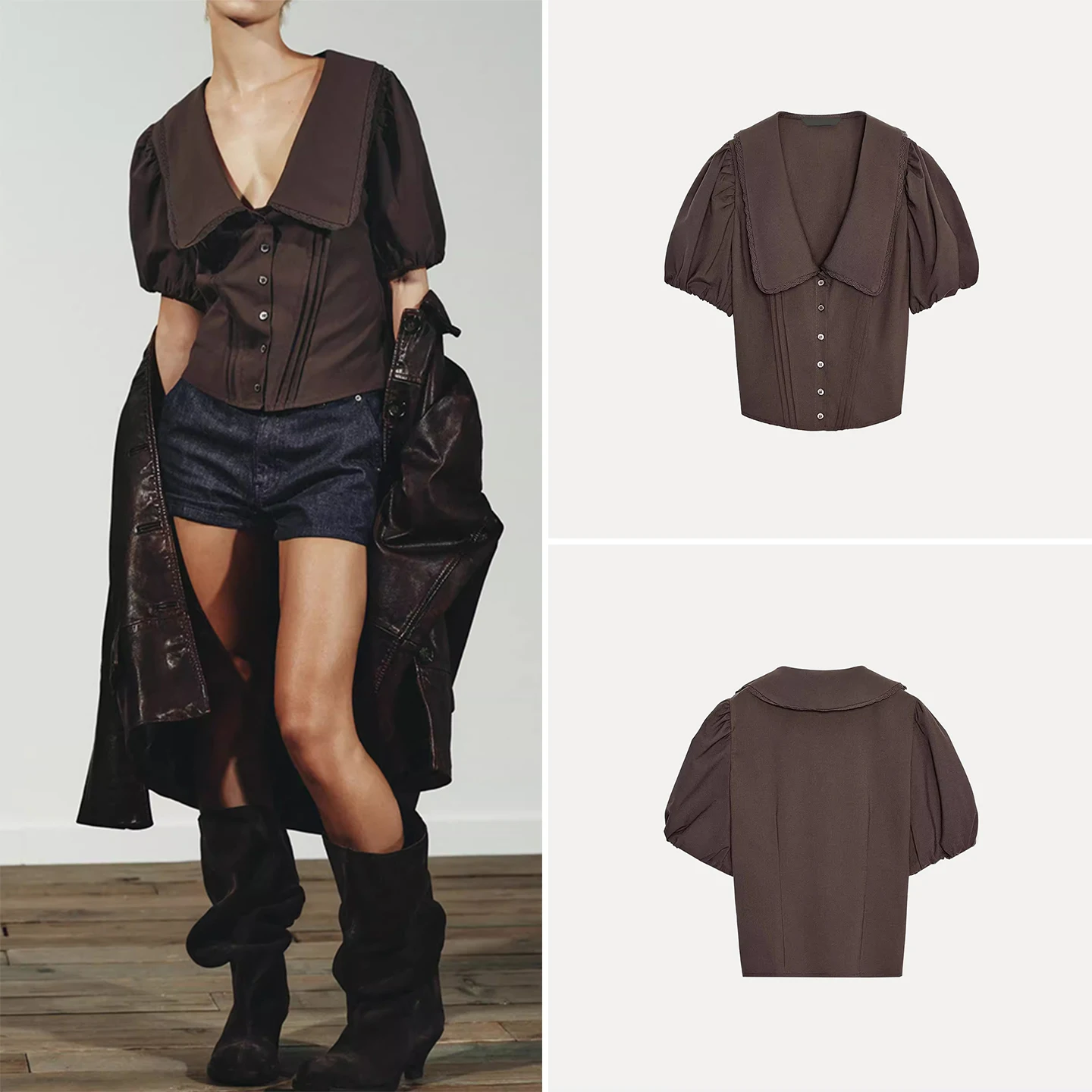 

Faionable Women's Bubble Sve irt Stand Collar Personali Temperament Spring Autumn Season Casual Sle Loose Fit Top