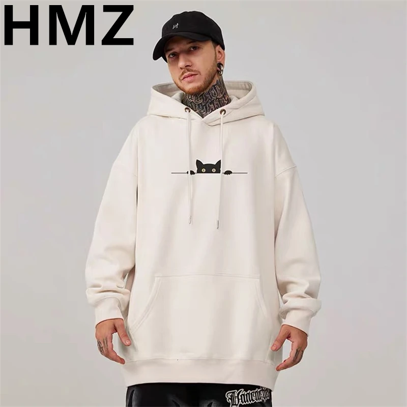 HMZ High Street Cartoon Cat Print Hoodies Clothes Couples Top Harajuku Sweatshirt Streetwear Men Oversized Cotton Hip Hop Hoodie