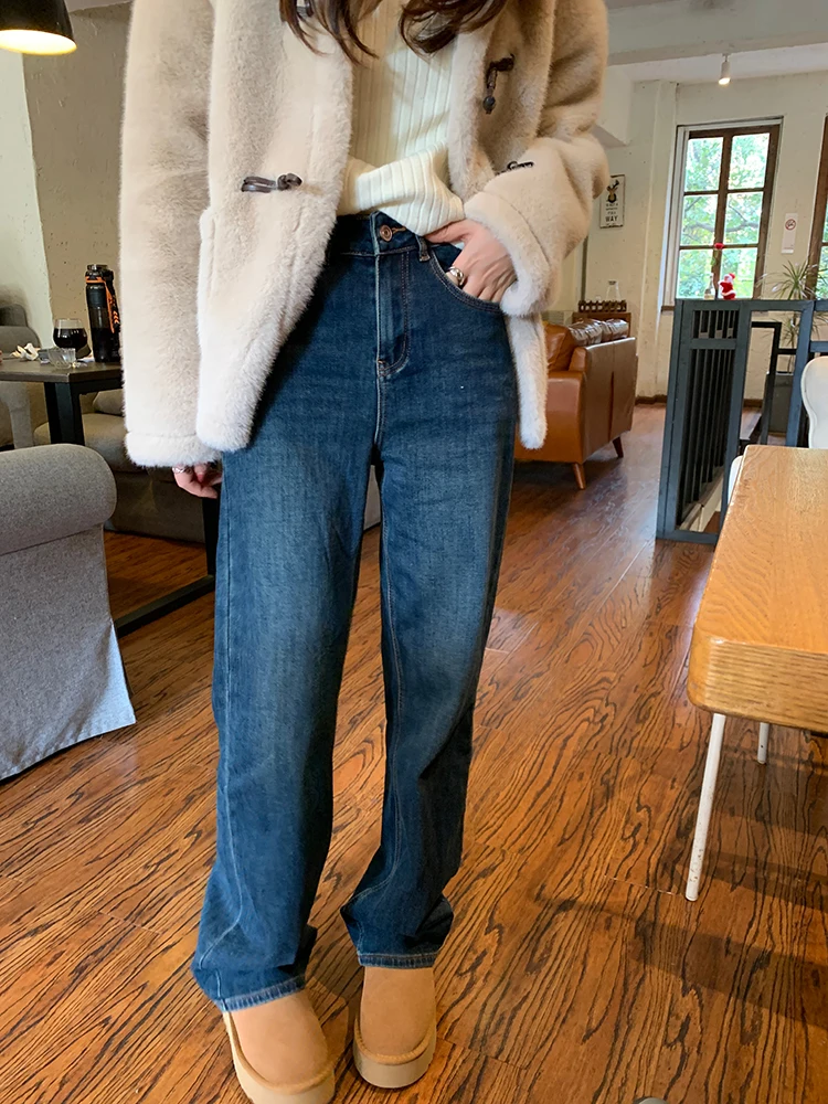 

Джинсы-буткат с подкладкой из флиса, темно-синие, повседневные, в пол, для женщин, с высокой талией, утепленные, зимние брюки