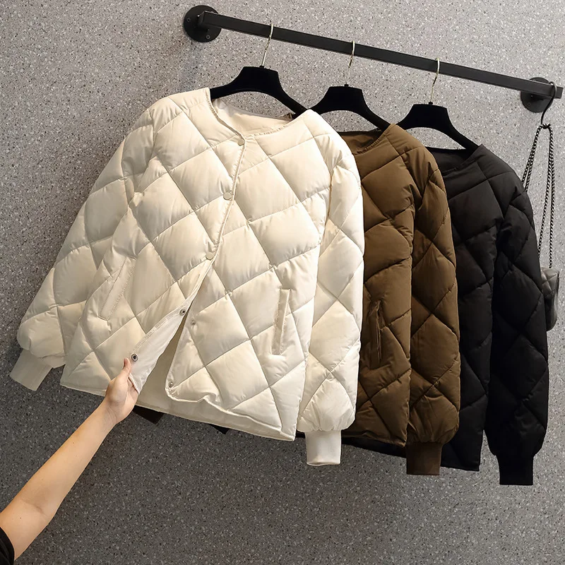 Women Jacket 2026 New Classic Round Neck Design Top Loose Winter Lightweight Casual Diamond Pattern Single Breasted Women's Coat