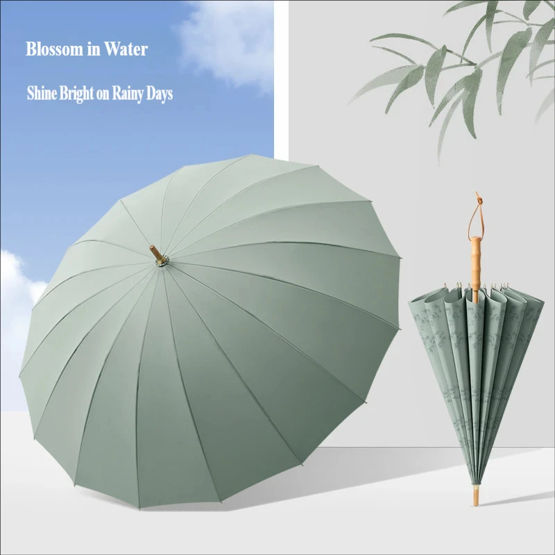New High-value 16-Rib Long-handle Umbrella, Water-activated Flower Pattern, 280T Pongee Fabric, Fresh Minimalist Ancient Style B