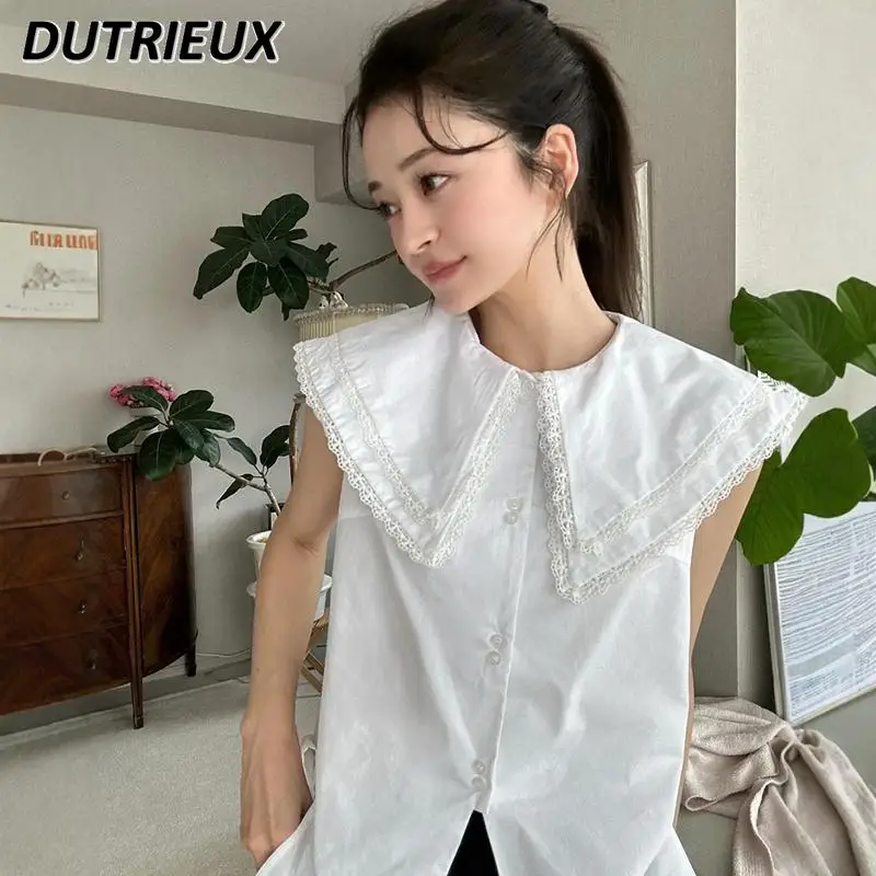 

Japanese Double-layer Love Lapel Lace Splicing Tops Summer Solid Color Sweet Sleeveless Vest Loose College Style Shirt