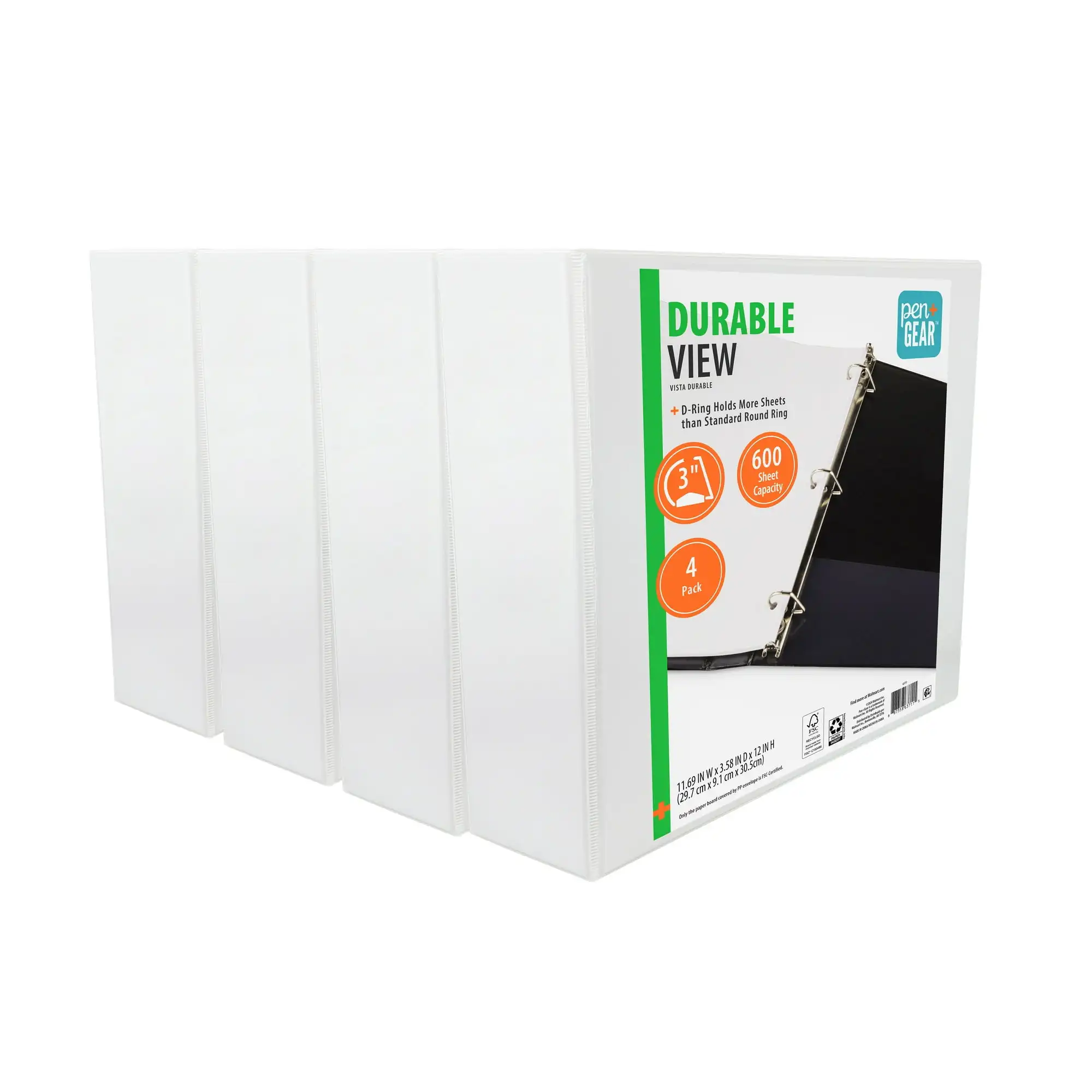 

Pen + Gear Durable View 3-Ring Binder with 3-Inch Rings 4-Pack (White)