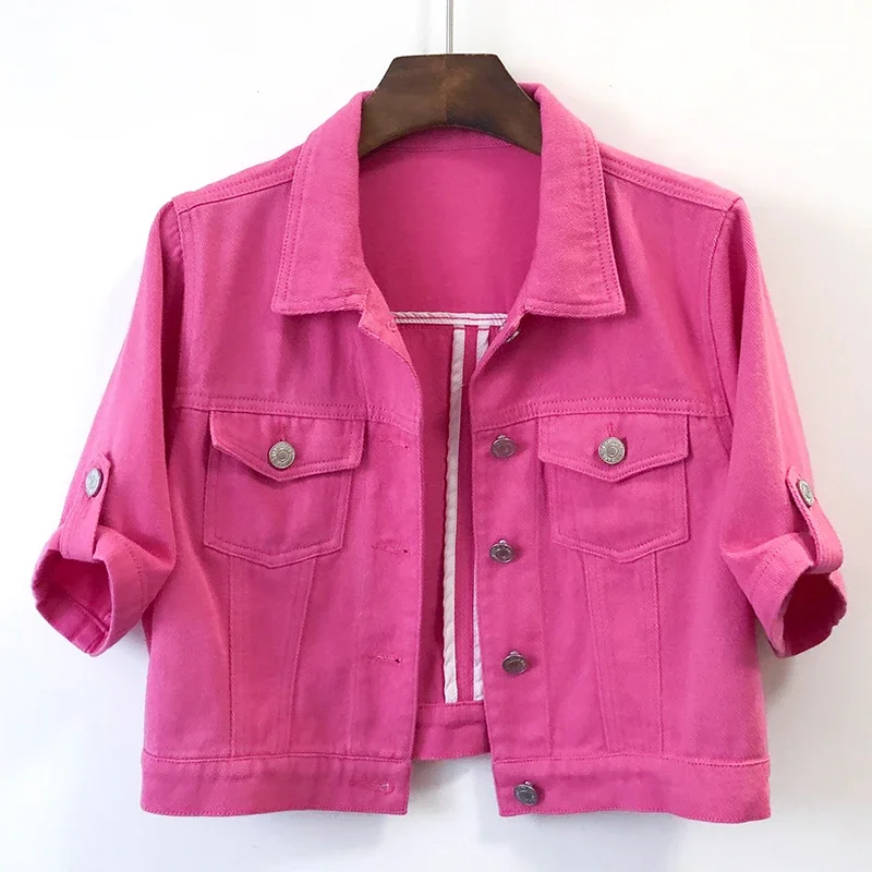 Summer Women Thin White Rose Red Denim Jacket Coat Slim Short Student Cowboy Outerwear Pocket Short Sleeve Jeans Jacket Female