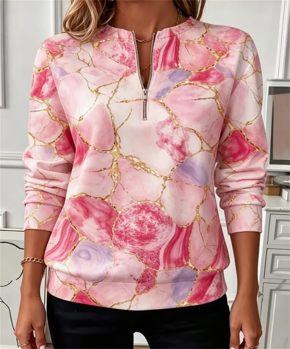 2026 Spring and Autumn Women's New Pink Marble Pattern Printed Long Sleeve Hoodie, Light Luxury Gentle Casual Style Top