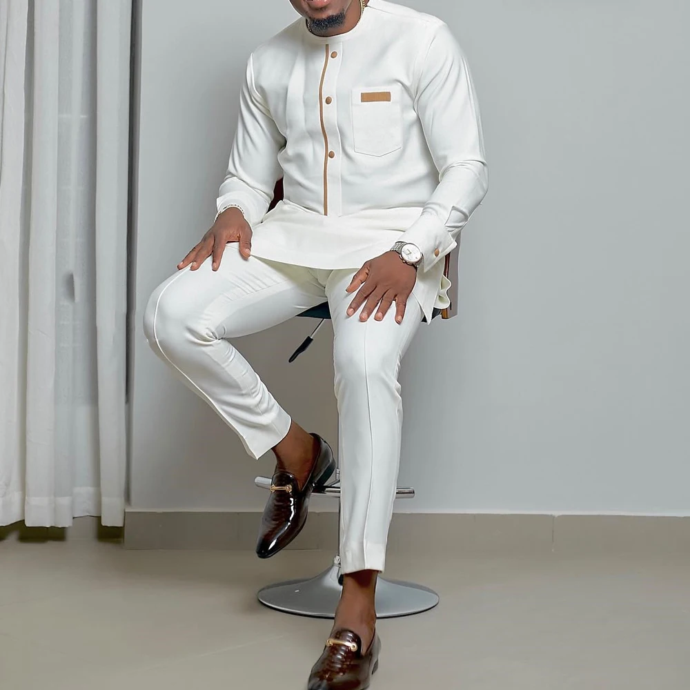 Kaftan Men's Kaunda Suit Round Neck Long-sleeved Top Pant African Male  Traditional Outfit Wear 2PCS Clothing Wedding Sets Casual - AliExpress  200000343
