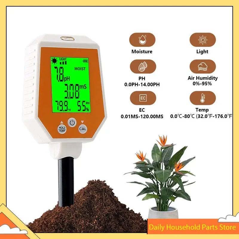 Probador de suelo 6 en 1 PH/EC/humedad/luz solar/humedad del aire/temperatura medidor de PH de conductividad de alta precisión para jardinería y agricultura ¡CALIENTE!