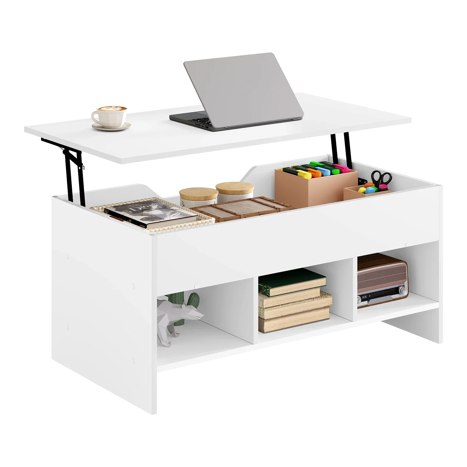 Image of WOLTU Hebbarer Kaffee- und Teetisch mit Stauraum, weißer Beistelltisch, höhenverstellbarer rechteckiger Sofatisch für Schlafzimmer und Wohnzimmer