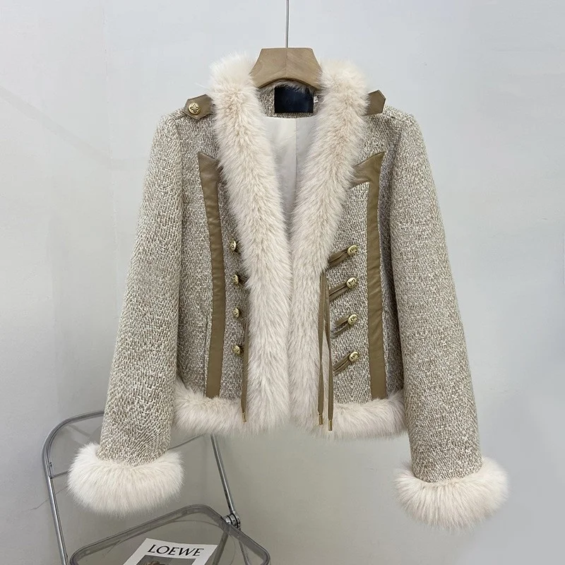 Fashion New 2023 Designer Jacket Women's Coarse Tweed Splicing Imitation Fox Fur Coat High Quality