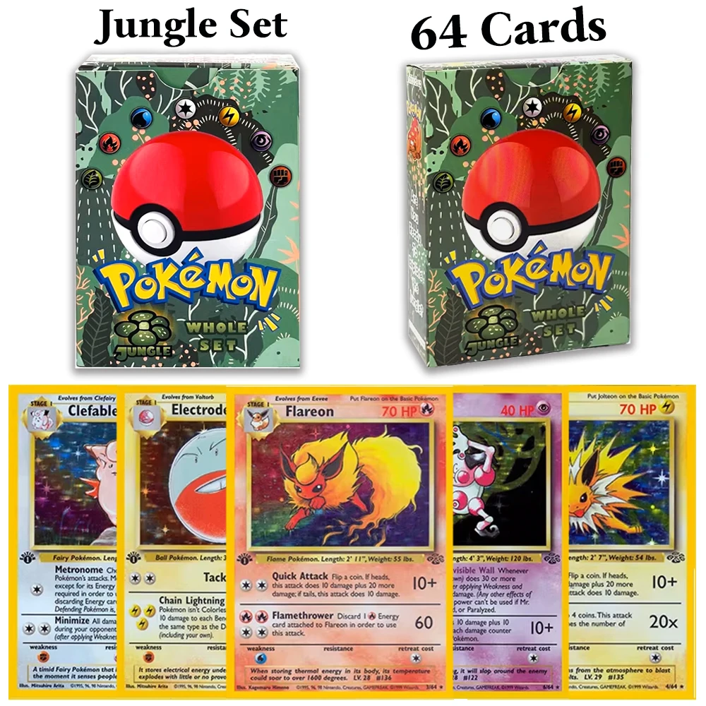 Kartu Jungle PKM 64 PCS Set Lengkap Mainan Hobi Koleksi Game Anime Kartu Foil Proxy PTCG Mainan Set Lengkap