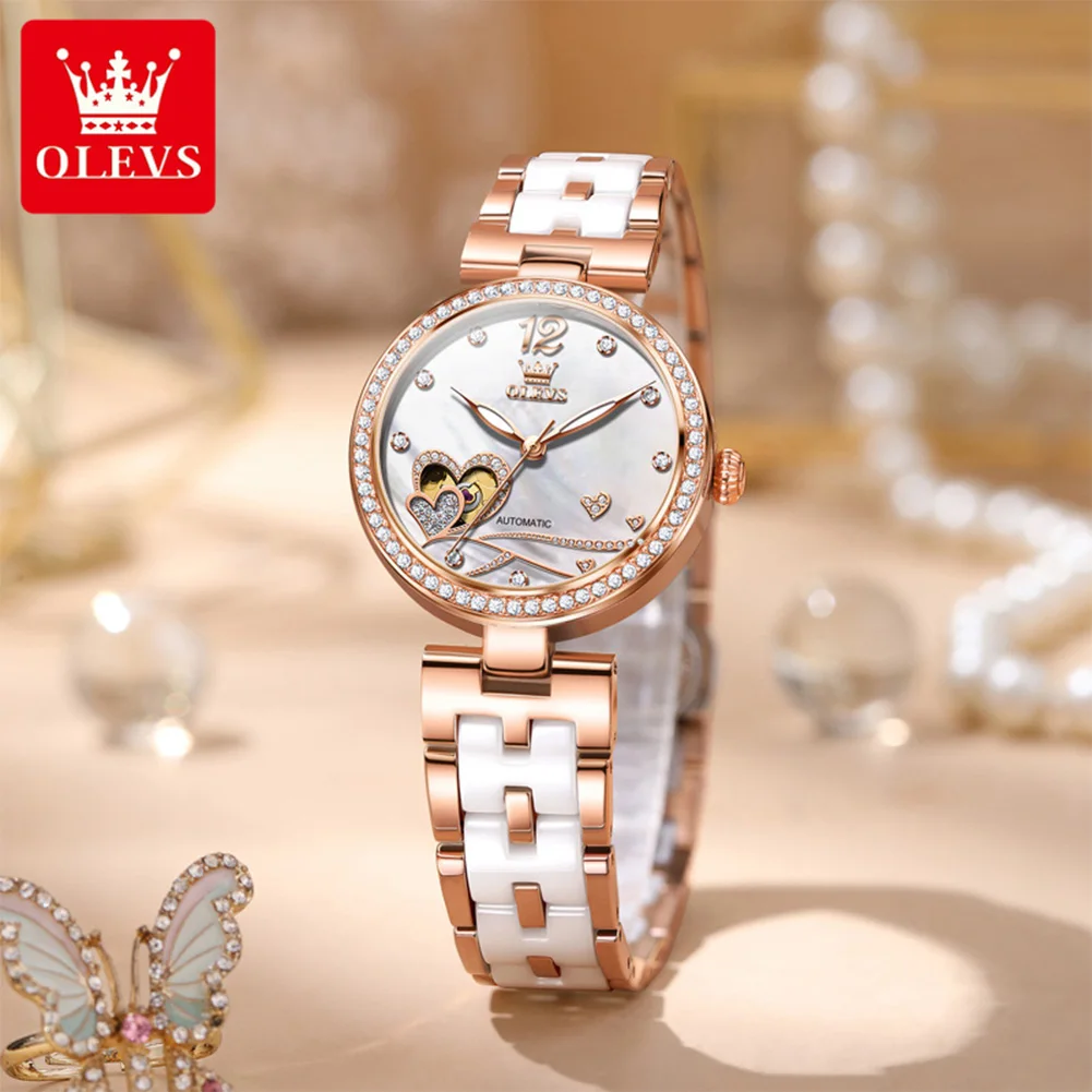 OLEVS 7086 Automatic Watch for Women Hollowed Elegant Ceramics Strap Waterproof Diamond Bezel Luxury Women's Mechanical Watches