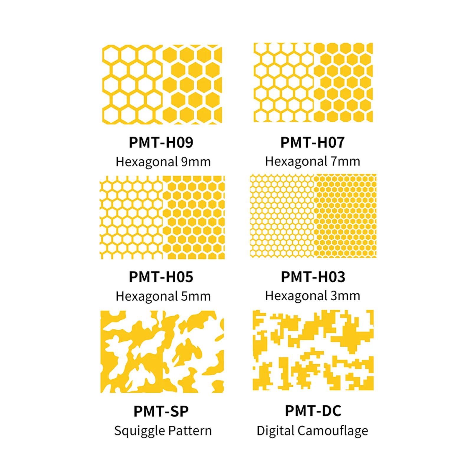 

DSPIAE Precut Masking Tape PMT-H03 3mm PMT-H05 5mm PMT-H07 7mm PMT-H09 9mm PMT-SP Squiggle Pattern PMT-DC Digital Camouflage