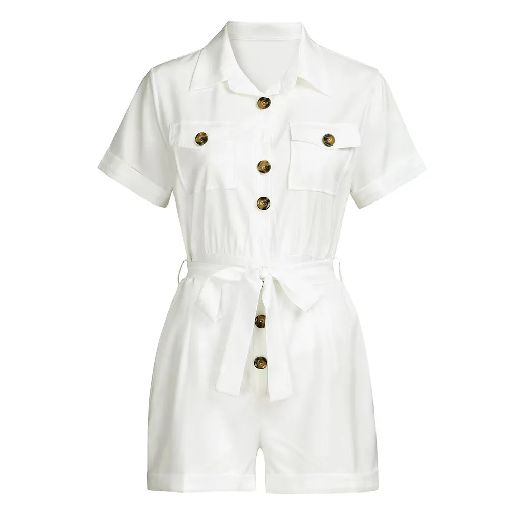 Summer New Solid Short Style Jumpsuit For Women Fashion Lapel Single Breasted Lace Up Jumpsuits Elegant Office Lady Commuting