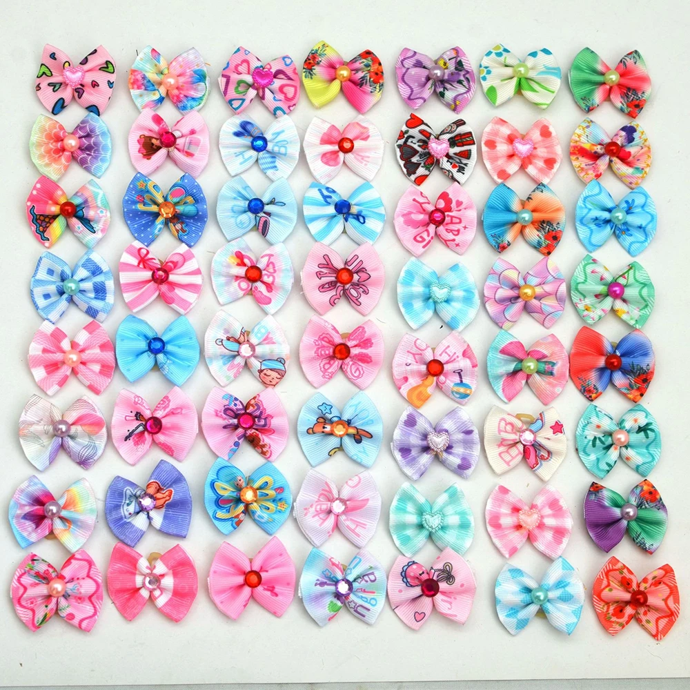 100pcs Pet Dog Hair Bows Decorated Dogs Diomand Girls Bows for Small Dog Cats Hair Rubber Band Supplies Pet Grooming Accessories